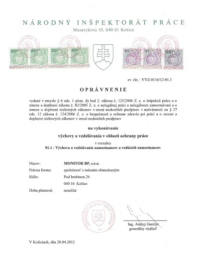 Oprávnenie na výchovu a vzdelávanie v oblasti ochrany práce
