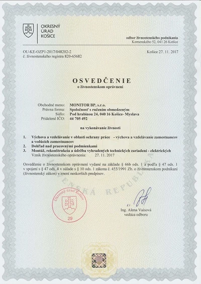 Osvedčenie o živnostenskom oprávnení MONITOR BP, s.r.o.